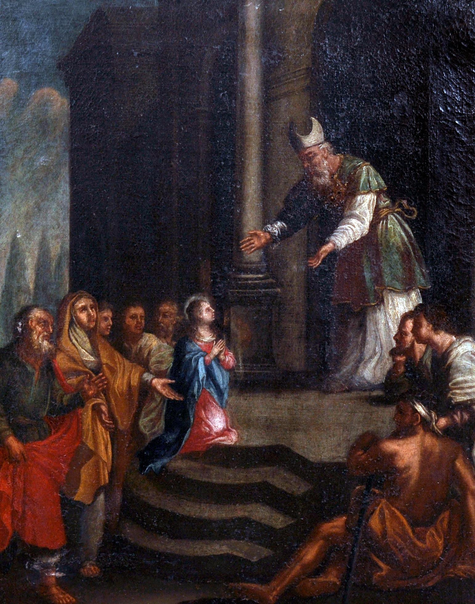 Portrait Painting di Italian Master - Olio antico italiano del XVII secolo - Presentazione della Vergine al Tempio