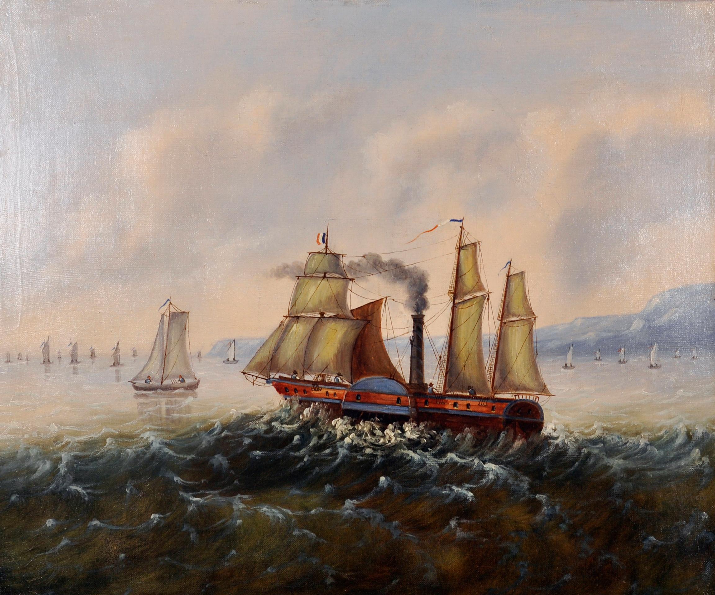 French Artist - Fine 19th Century French Oil Painting - Paddle Steamer Ship  Choppy Waters For Sale at 1stDibs