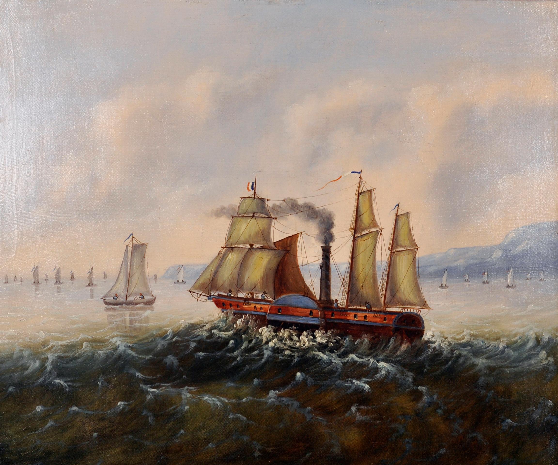 Raffinato dipinto a olio francese del XIX secolo - Nave a vapore a pale con acque agitate - Painting di French Artist