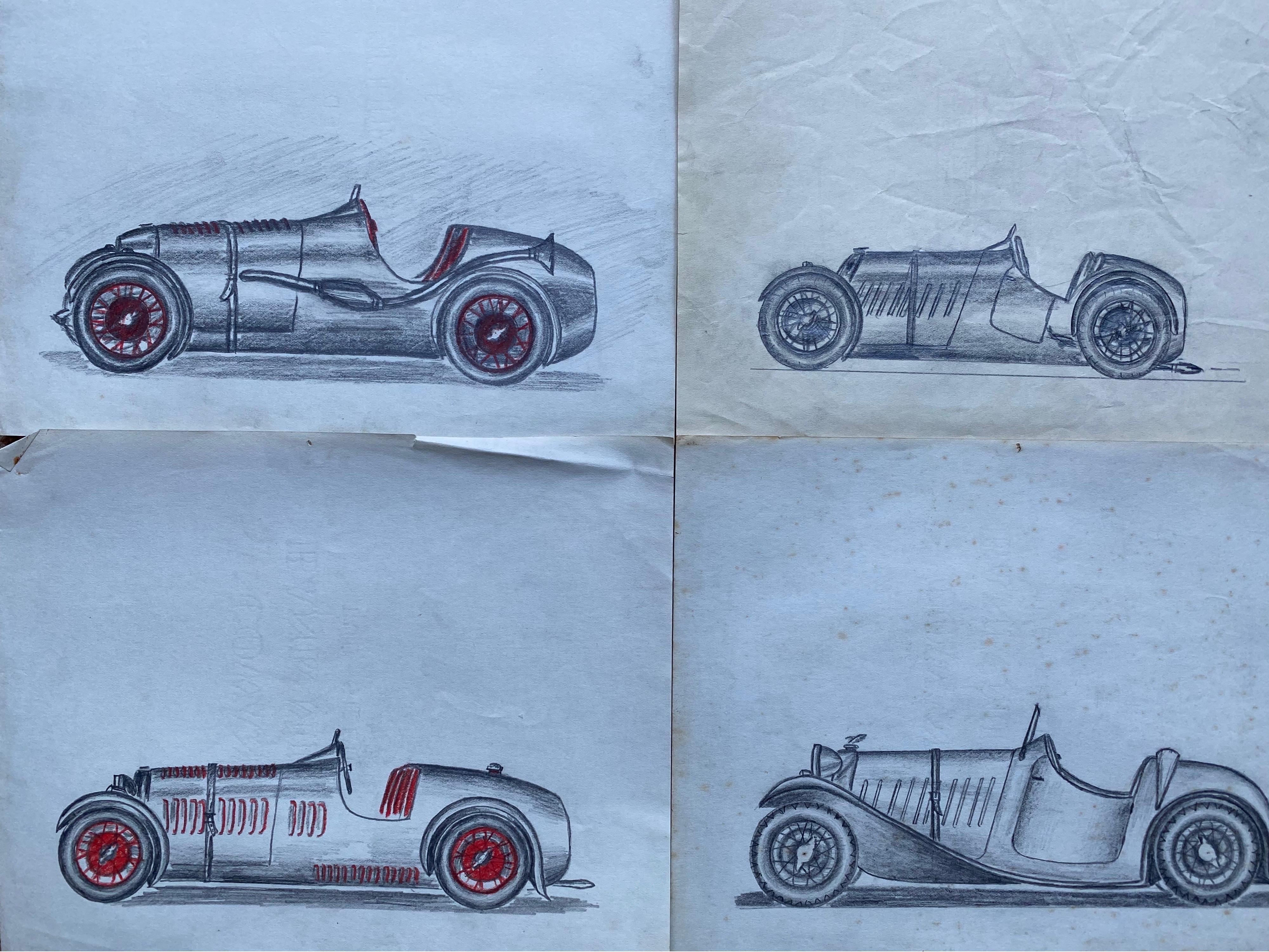 Set of Four 1930's Motor Car Racing Original Drawings 