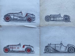 Conjunto de cuatro dibujos originales de carreras de coches de los años 30