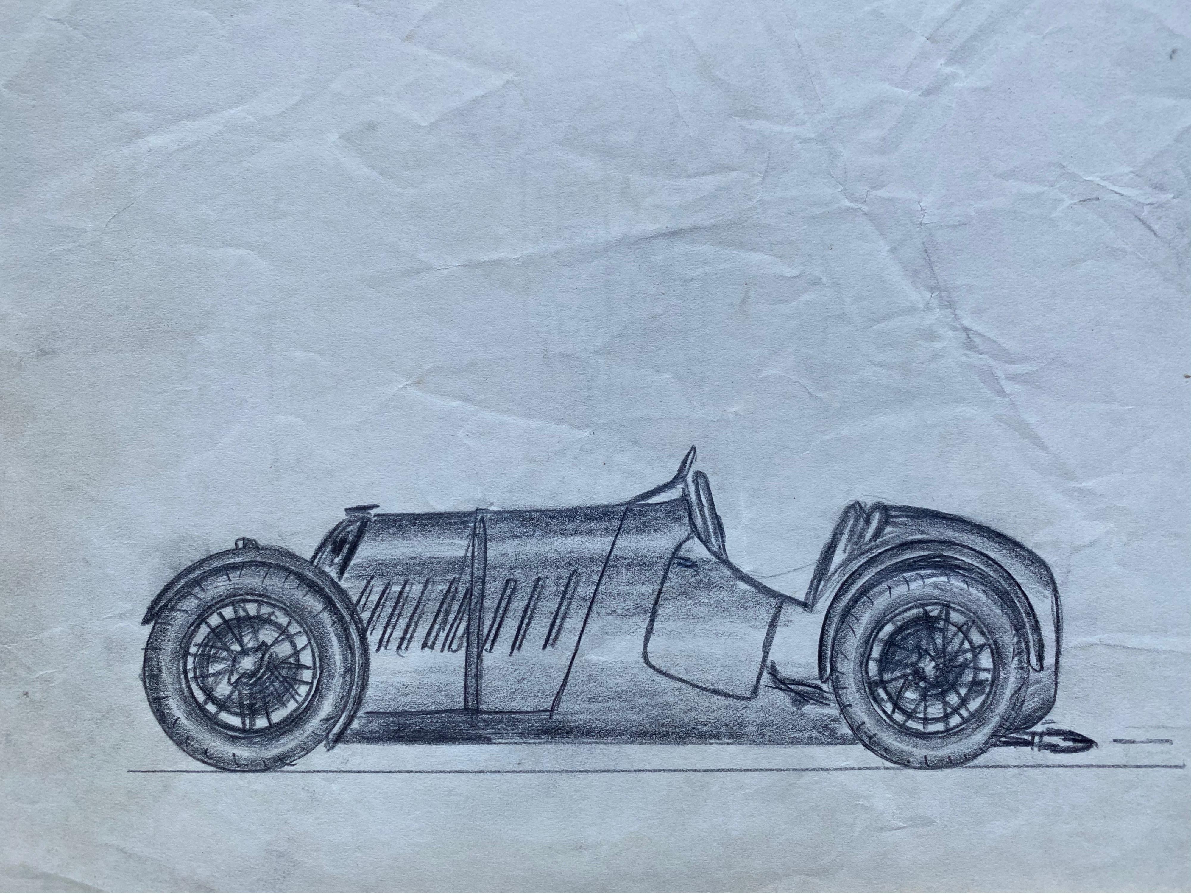 Ensemble de quatre dessins originaux de course automobile des années 1930 - Bleu Landscape Art par K. B. White