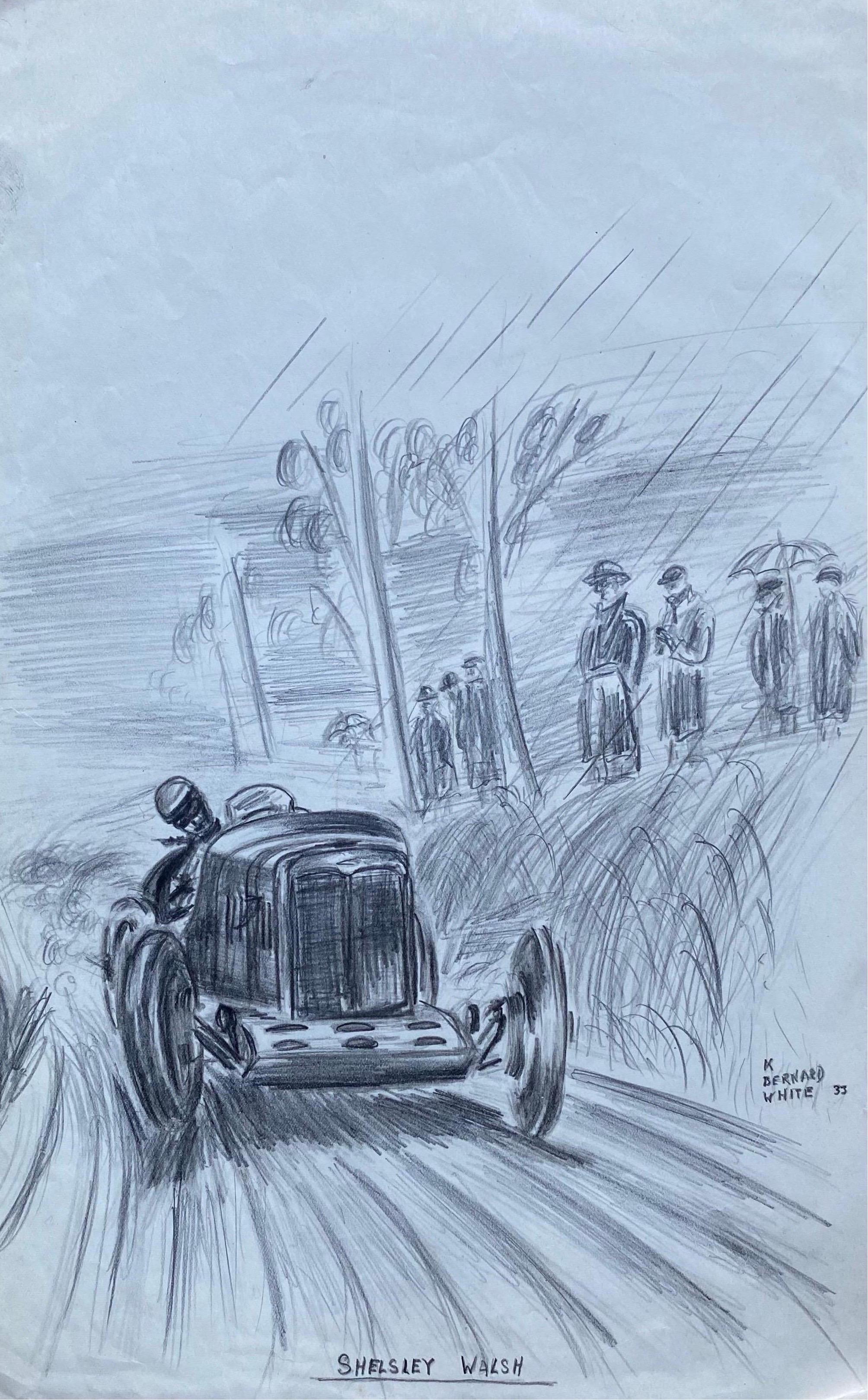 K. B. White Landscape Art - Original 1930's Vintage Motor Car Racing Original Drawing Signed Dated