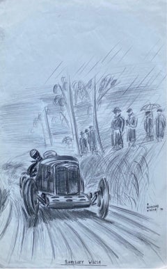 Original 1930's Antique Motor Car Racing Original Drawing Signed Dated