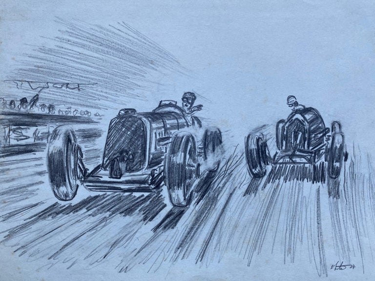 K. B. White Figurative Painting - Original 1930's Vintage Motor Car Racing Original Drawing Signed Dated
