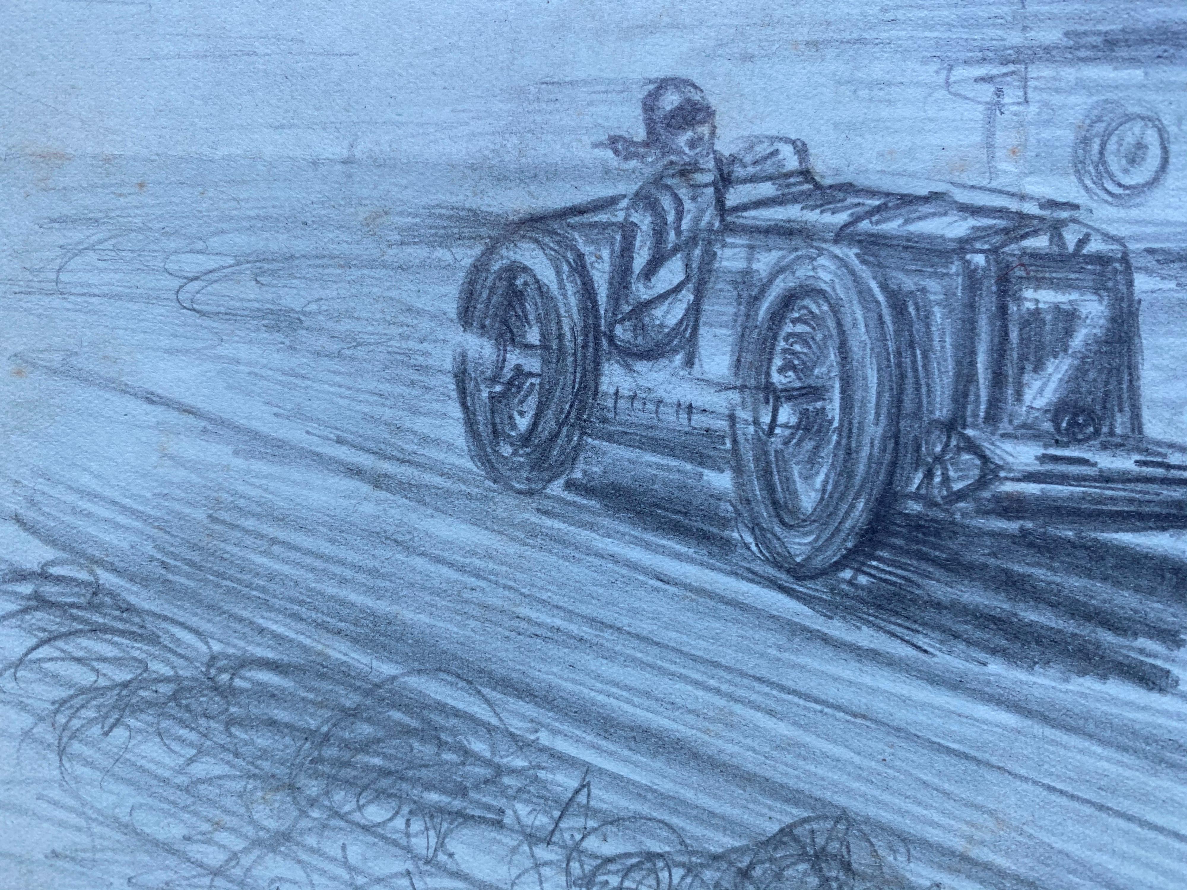 Original 1930er Jahre Vintage Motor Autorennen Original Zeichnung signiert und datiert (Blau), Landscape Art, von K. B. White