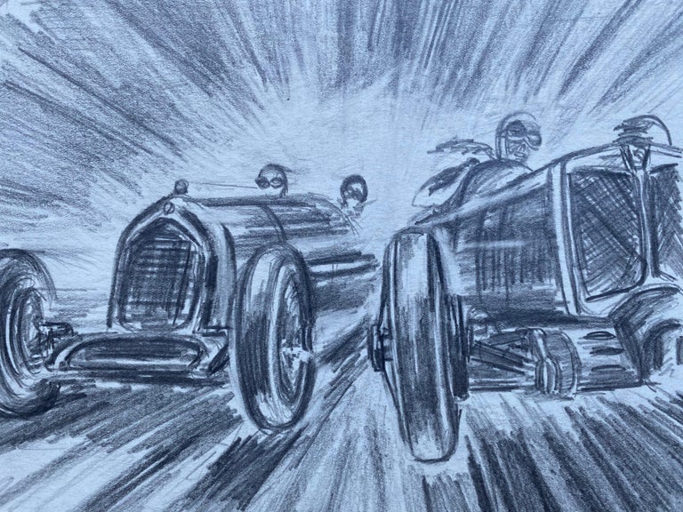 K. B. White Figurative Painting - Original 1930's Vintage Motor Car Racing Original Drawing Signed Dated