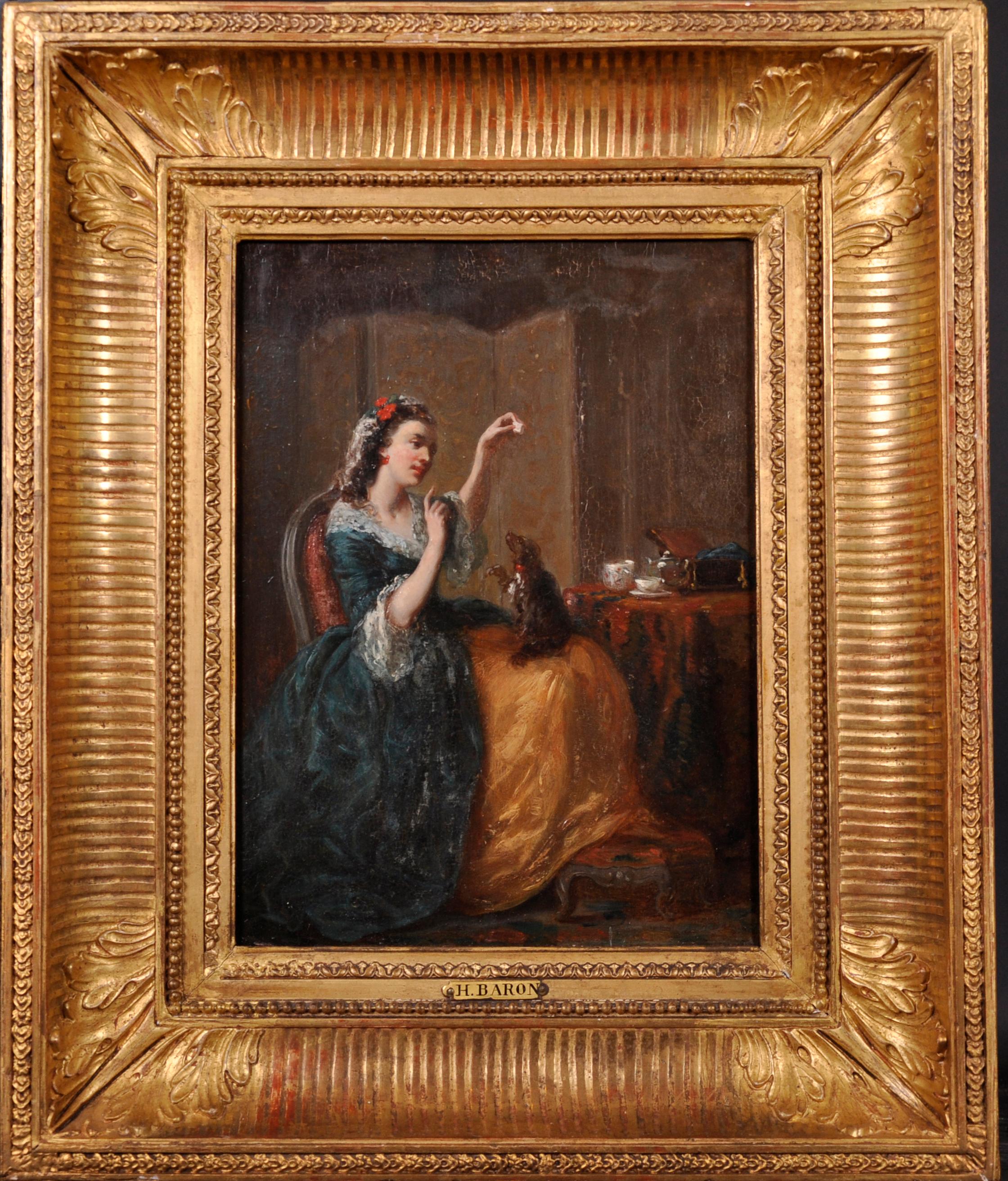 Fine huile française du 19ème siècle - Une dame élégante forgeant son chien chiot