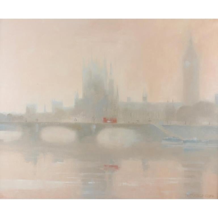 Richard Ewen Landscape Painting - The Houses of Parliament & Westminster Bridge River Thames in the Fog - Oil