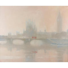 The Houses of Parliament & Westminster Bridge River Thames in the Fog - Oil