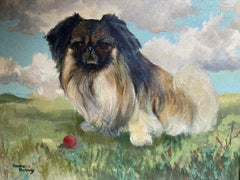 Retro SIGNED 1950'S ENGLISH DOG OIL PAINTING - THE PEKINGESE WITH BALL IN LANDSCAPE