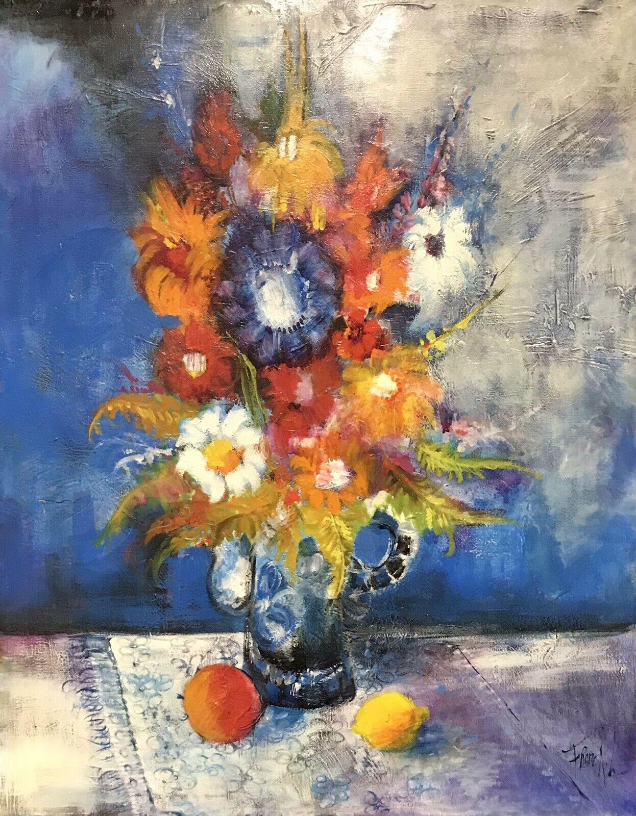 L. Franck Still-Life Painting - HUGE 1970'S FRENCH MODERNIST SIGNED OIL - BRIGHT & COLORFUL STILL LIFE FLOWERS