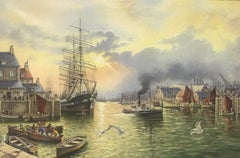 LARGE SIGNED ENGLISH OIL - CLASSIC TALL SHIP ENTERING OLD TRADITIONAL HARBOUR