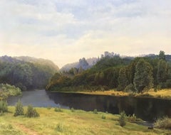 Große große englische Tranquil-Sommerlandschaft, Flusslandschaft, Sonnenuntergang, Erntefelder, signiert, Öl