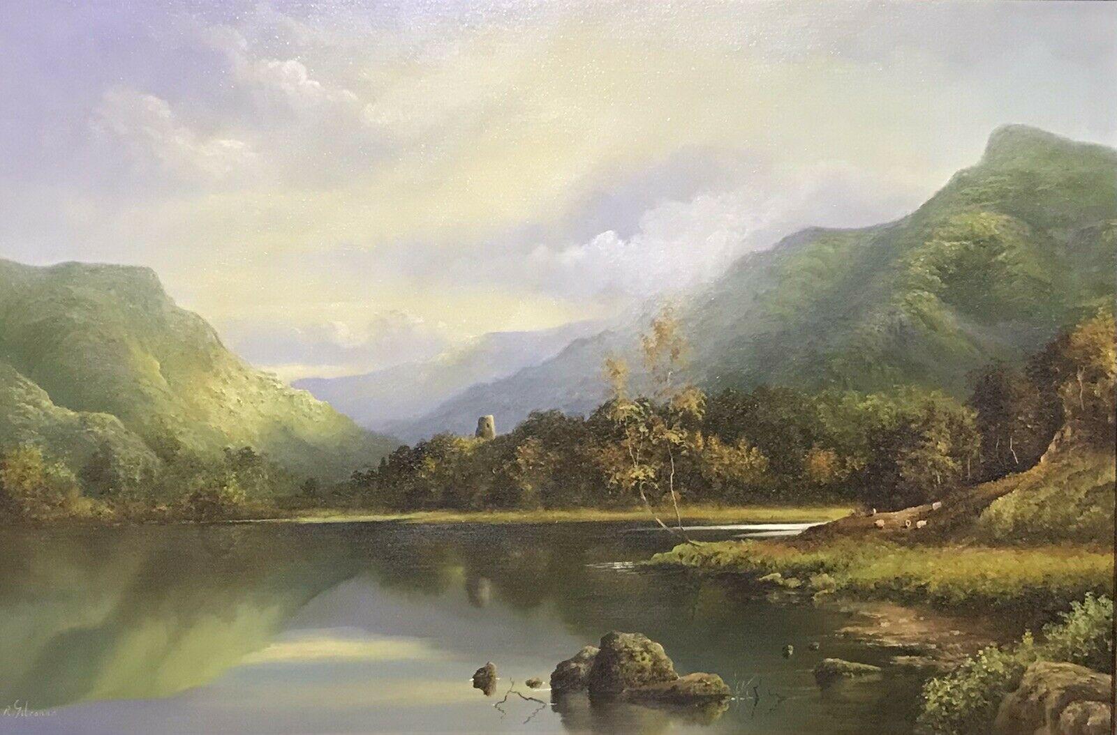 Welsh artist Animal Painting - FINE LARGE WELSH TRANQUIL LAKE & CASTLE SCENE LANDSCAPE SIGNED OIL PAINTING