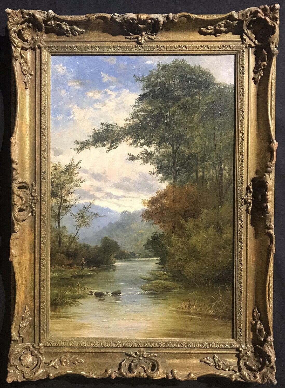 WALTER W. GODDARD (1858-1933)  Landscape Painting - Fine Victorian Signed Oil Painting - Angler Fishing Hilly River Landscape