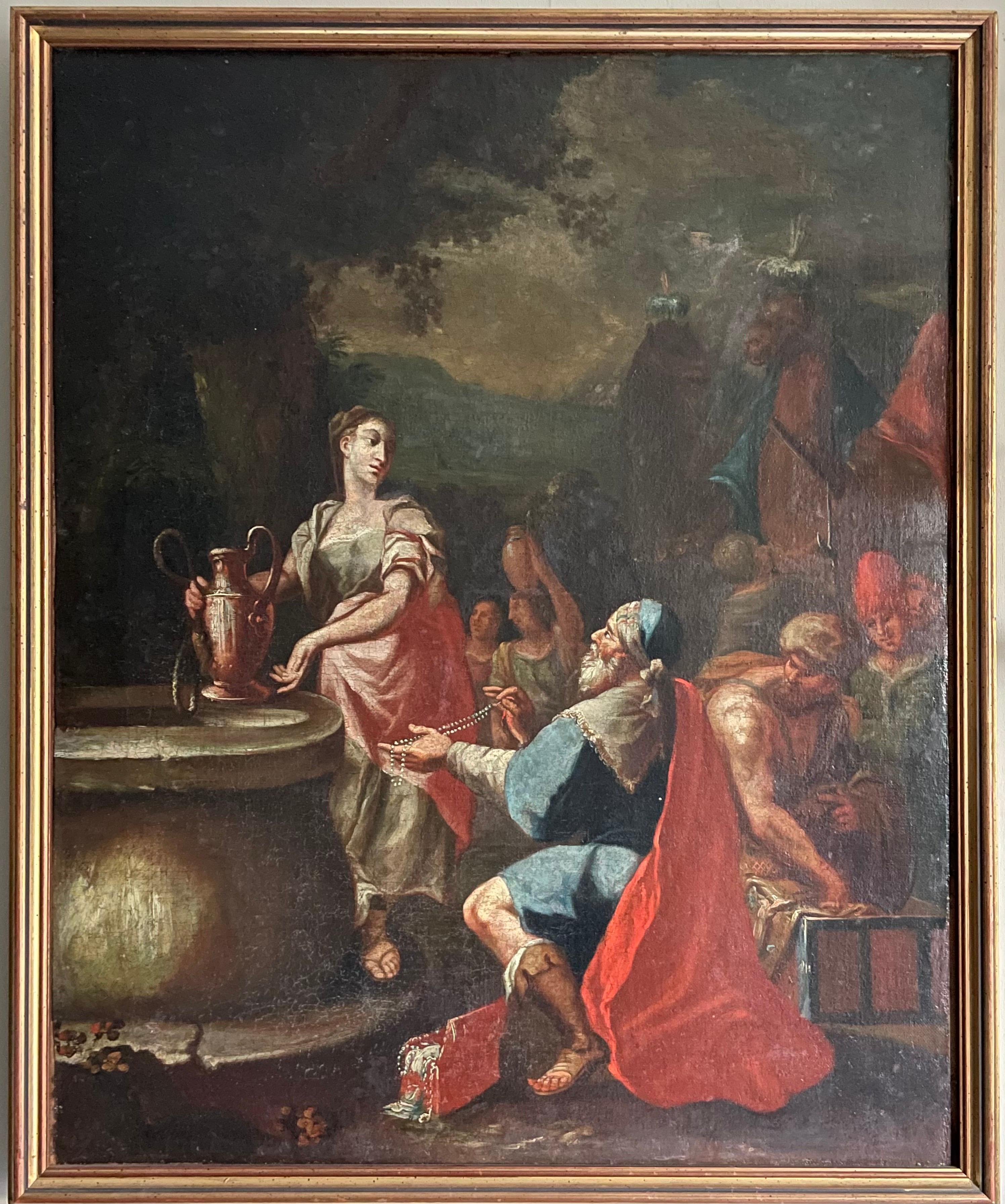 Artist/ School: Italian School dating to the early 1700's. The work is close to the Venetian artist, Giovanni Battista Pittoni (Italian 1687-1767).

Title: Rebecca and Eliezer at the Well. Painted with fine detailing throughout.

Medium: oil