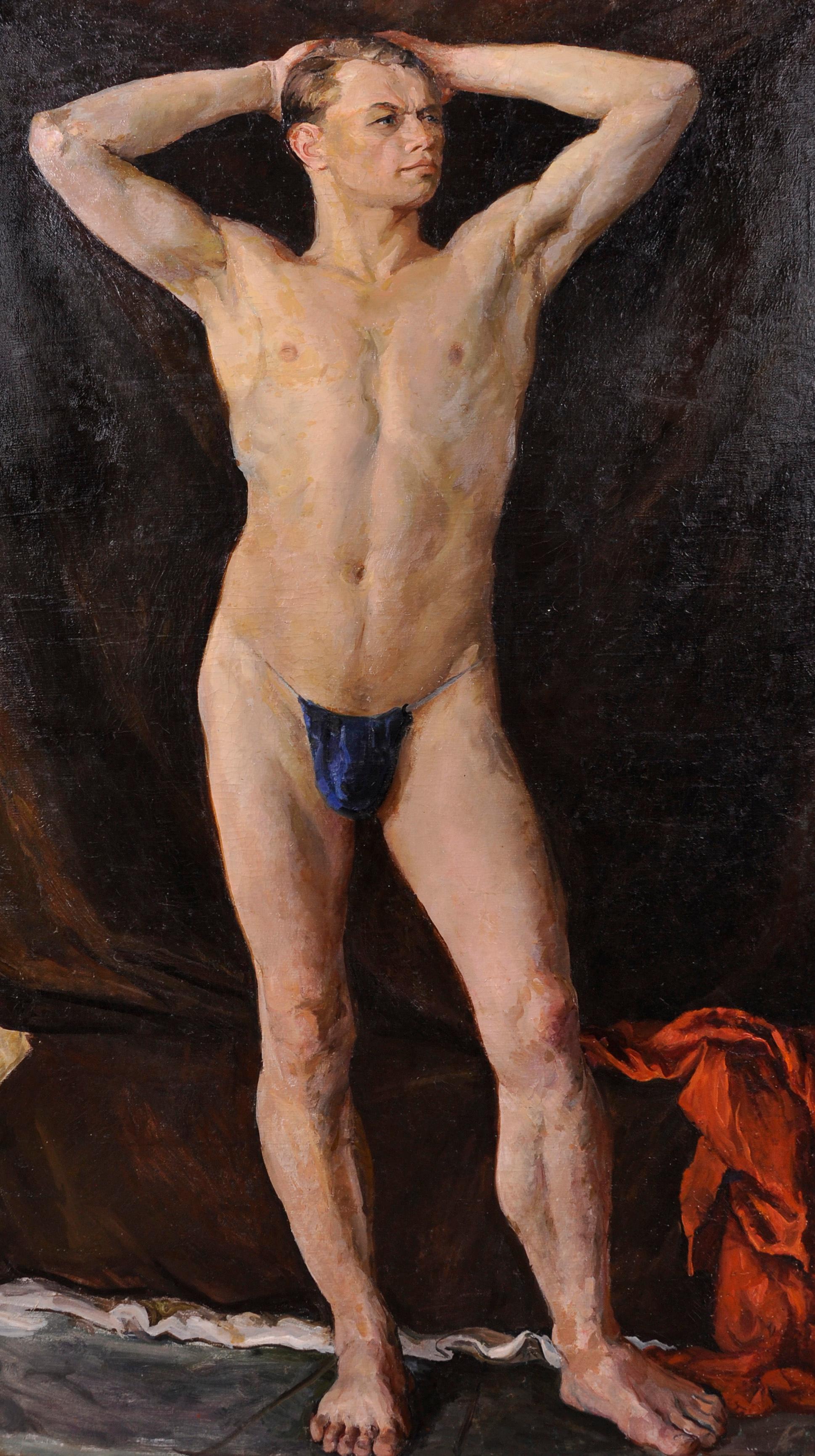 Arkady Petrovich Okhlupin  Portrait Painting - Huge Oil Portrait of Semi Nude Man - Full Length Study Muscular Model - Signed