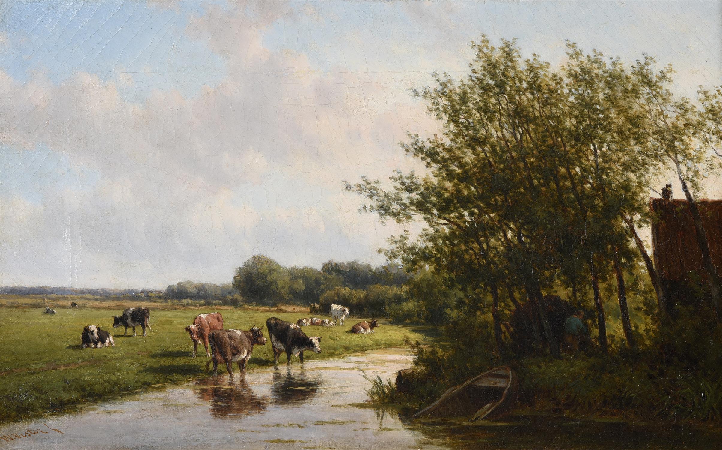 Willem Vester (Dutch 1824-1895) Landscape Painting - Large 19th Century Pastoral Landscape Cattle Grazing River Landscape - Oil