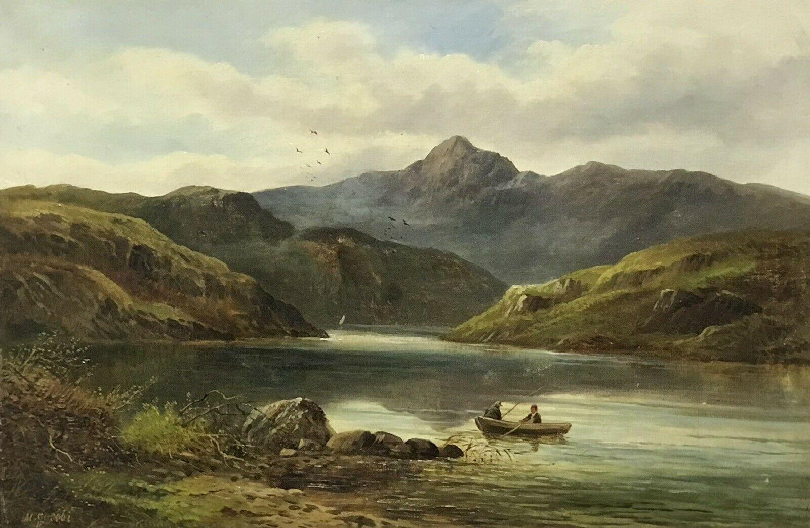 Martin Jacobi Landscape Painting - FINE VICTORIAN SIGNED OIL - SNOWDON NORTH WALES - ANGLERS IN BOAT LAKE SCENE