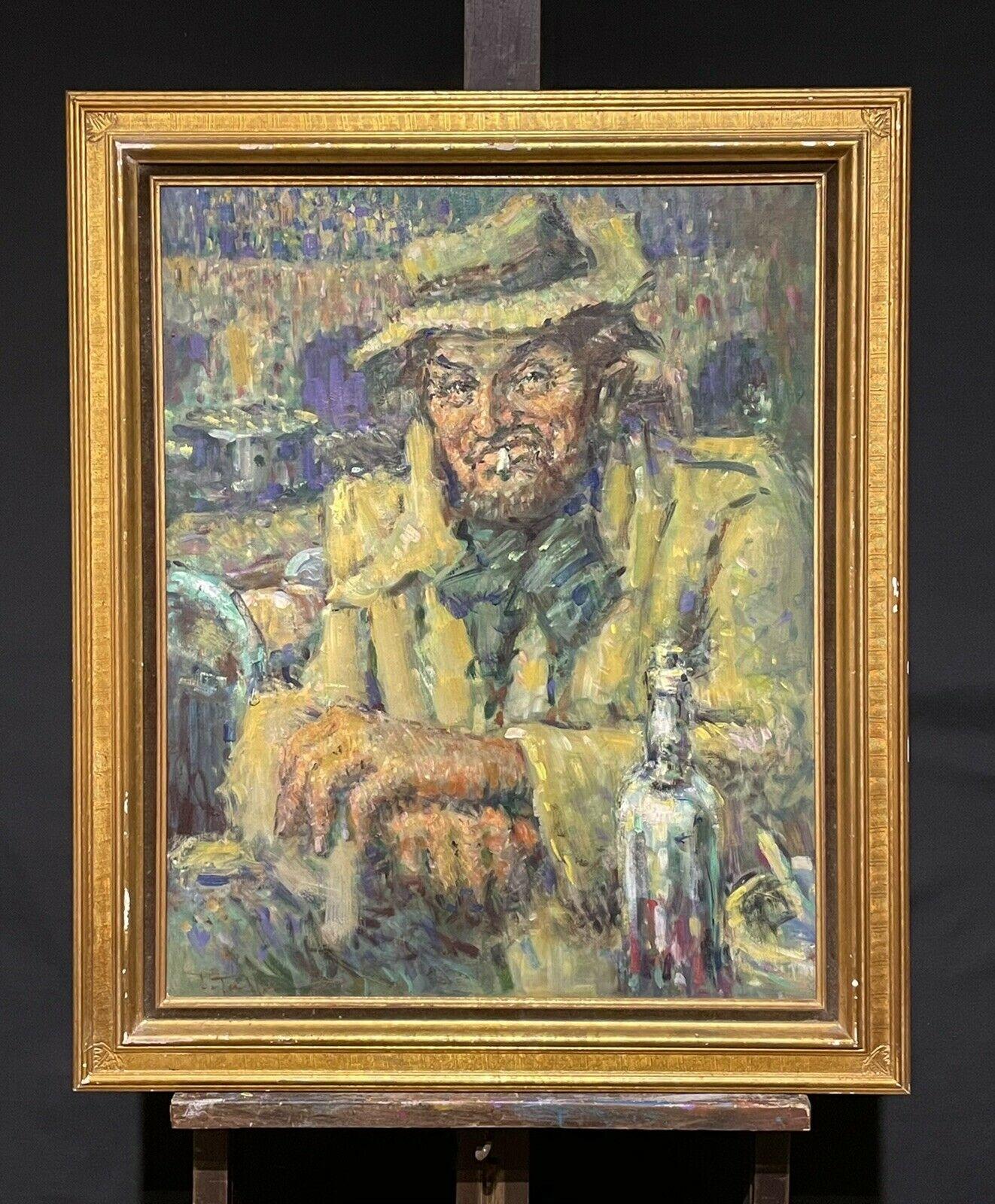 JEAN LOUIS LE TOULLEC  Portrait Painting - Portrait of French Man sitting at Cafe Table with Bottle of Wine - Large Oil