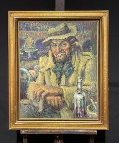 Portrait of French Man sitting at Cafe Table with Bottle of Wine - Large Oil