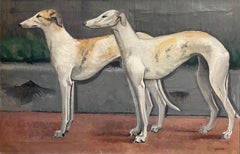 Large 1950's French Signed Oil - Pair of Whippet Dogs Standing - Fine Original