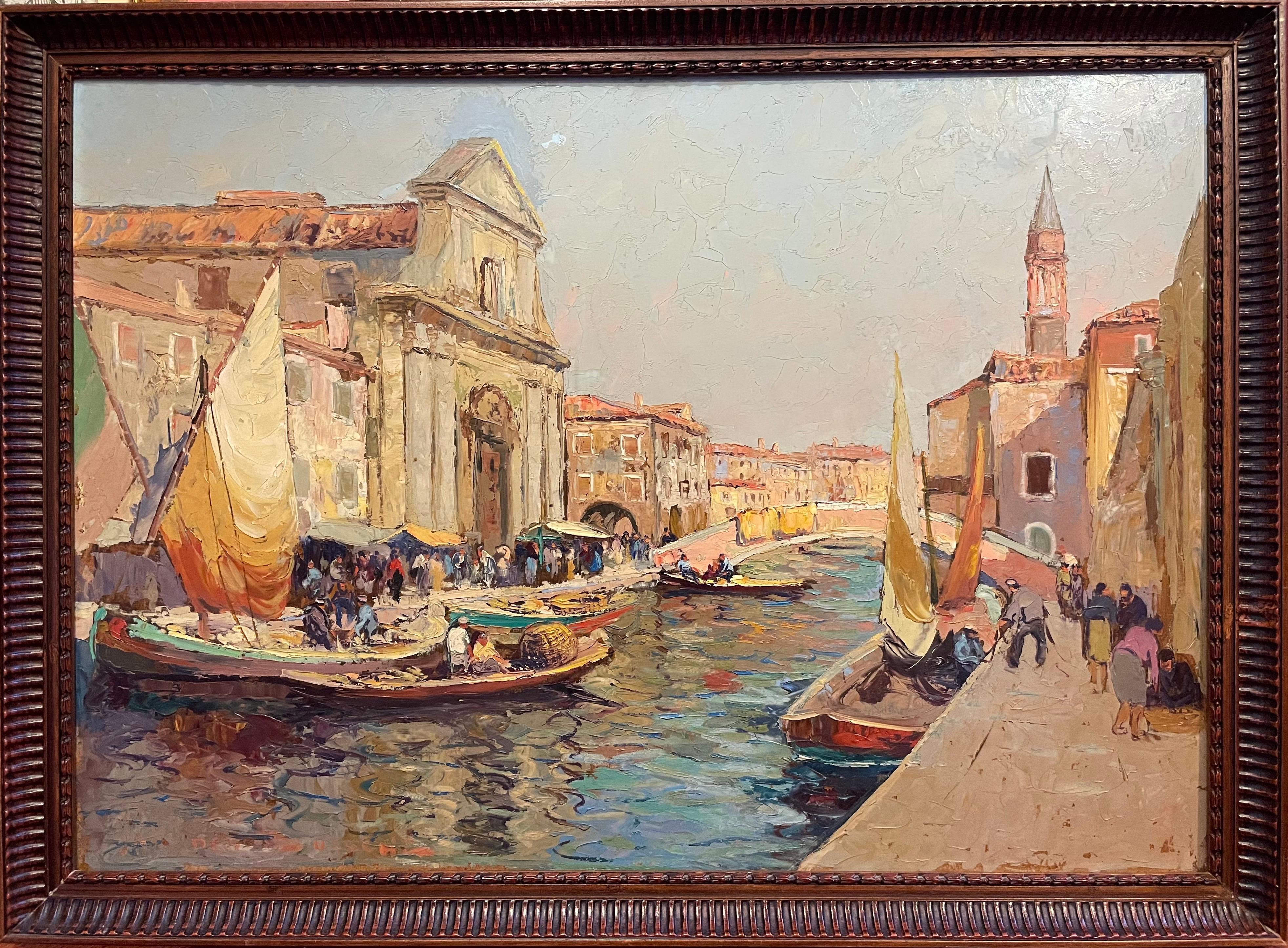Italian signed Landscape Painting - Huge Oil Painting Venetian Backwater Fish Market Canal Scene Boats & Figures