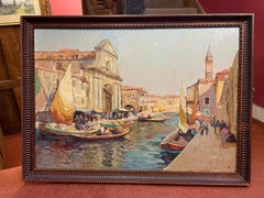 Huge Oil Painting Venetian Backwater Fish Market Canal Scene Boats & Figures