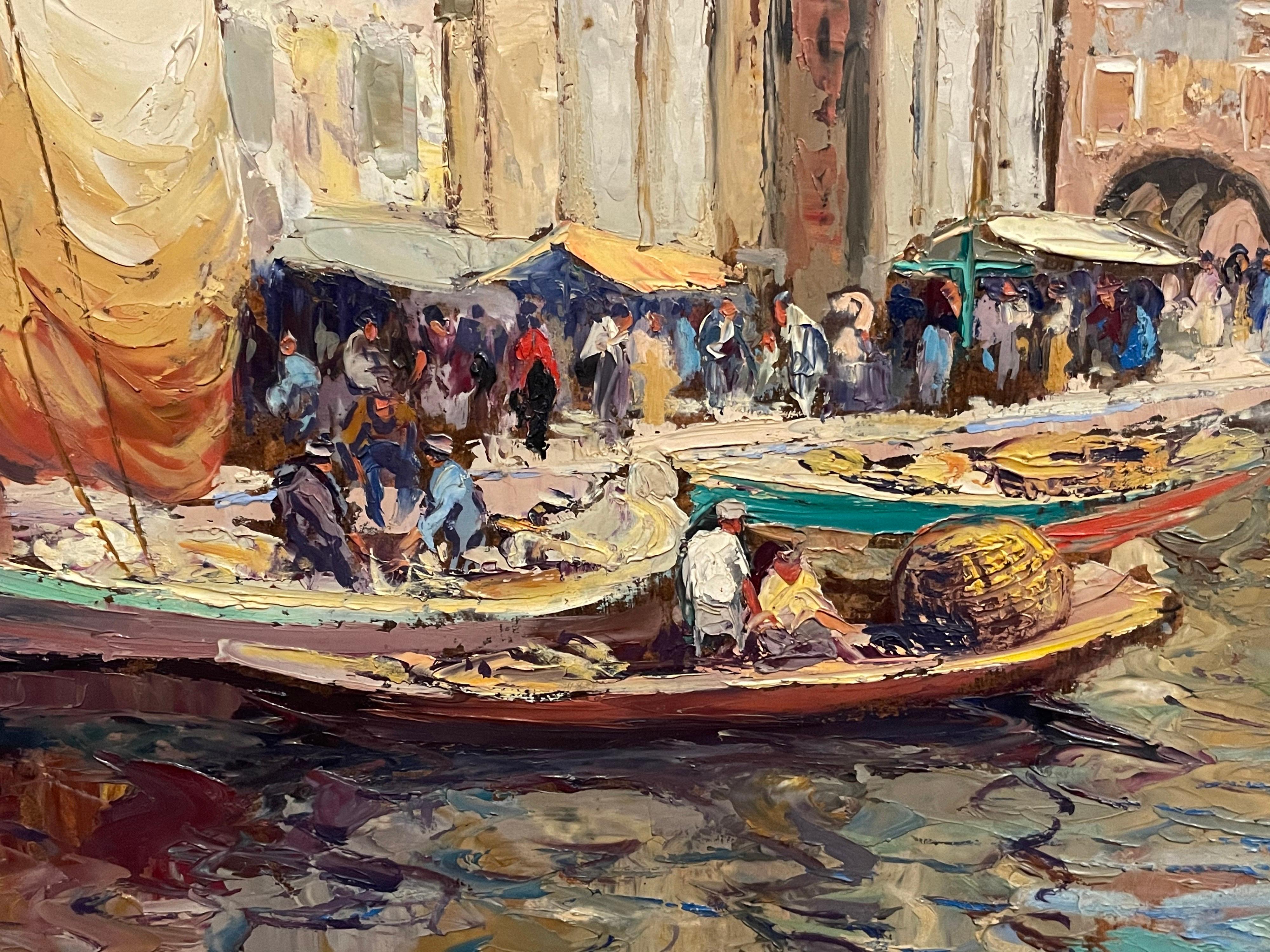 Huge Oil Painting Venetian Backwater Fish Market Canal Scene Boats & Figures - Brown Landscape Painting by Italian signed