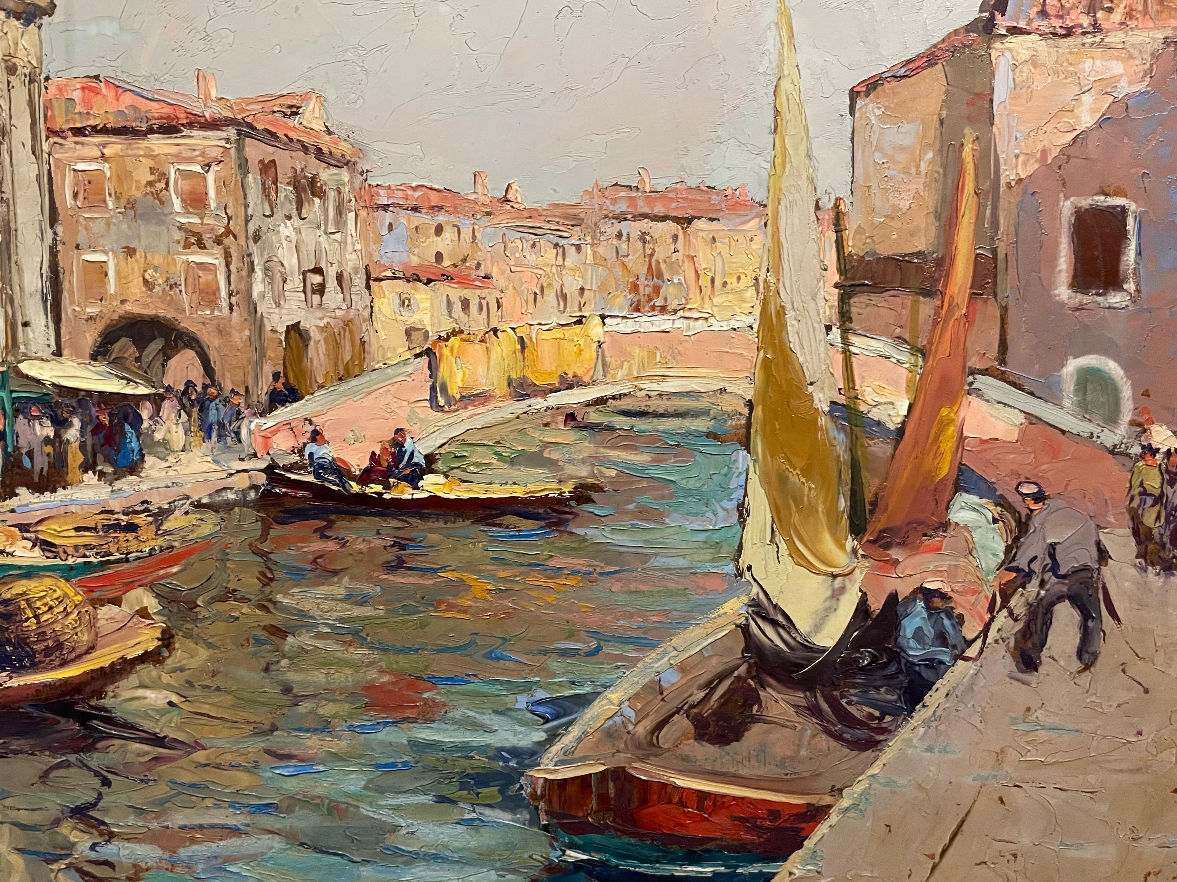 Huge Oil Painting Venetian Backwater Fish Market Canal Scene Boats & Figures 1