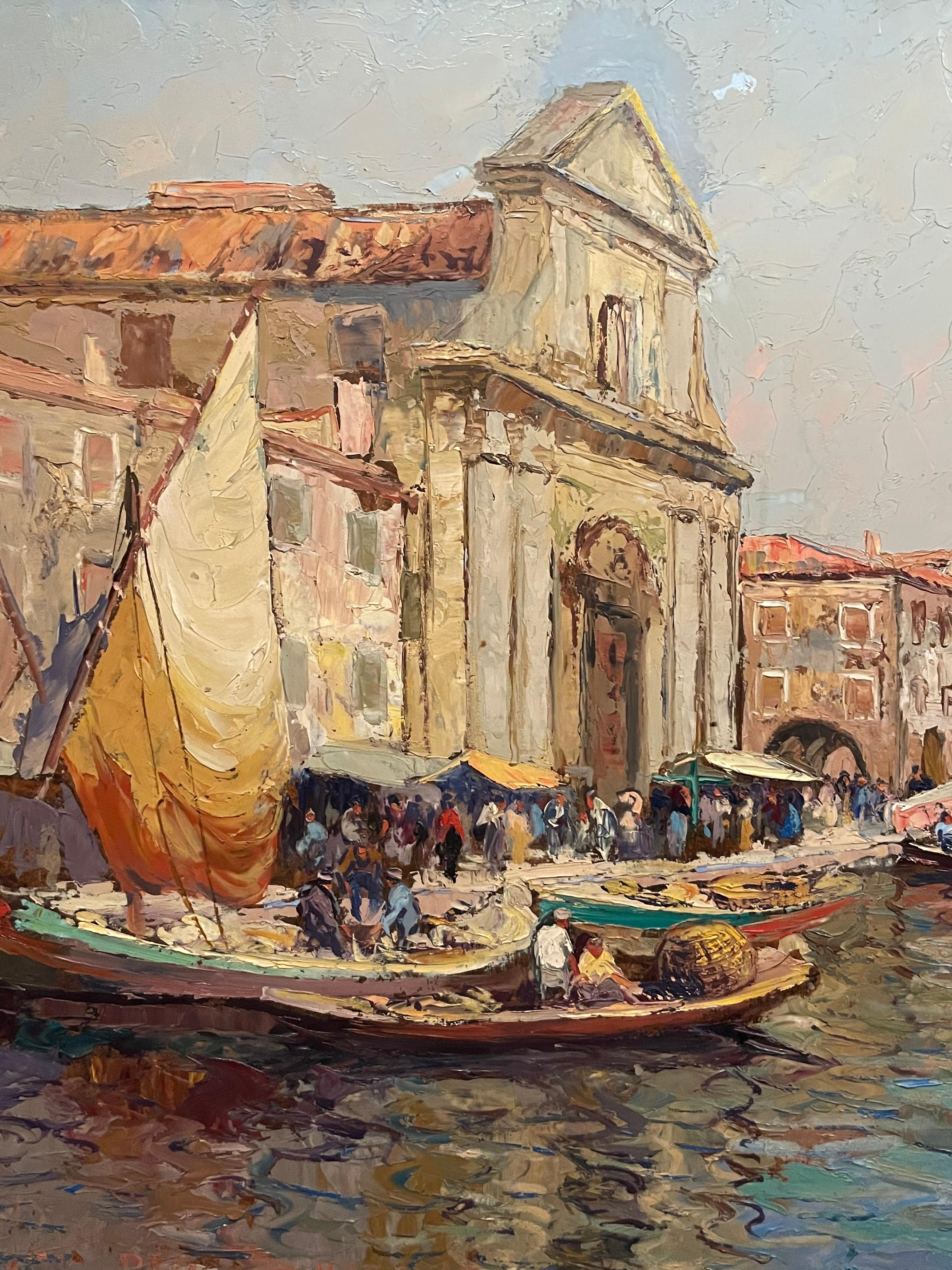 Huge Oil Painting Venetian Backwater Fish Market Canal Scene Boats & Figures 3