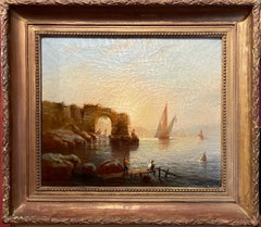 19th Century French Romantic Sunset Coastal Scene Signed Oil - Fisherman & Ruins