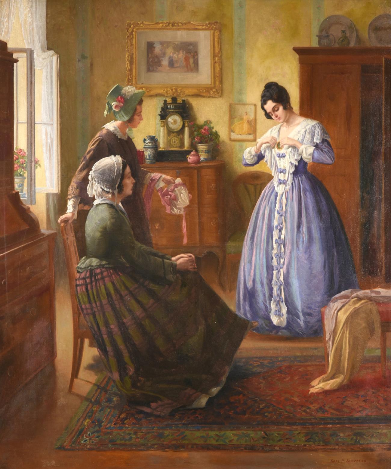 Karl Maria Schuster  Interior Painting - Very Large 1900's Oil Elegant Interior Genre Scene Ladies Admiring New Dress