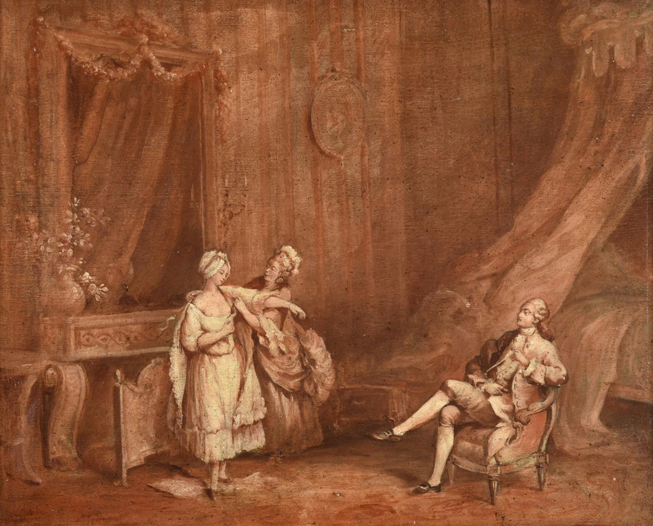 Figurative Painting de Nicolas Lancret  - Fino Óleo Francés de Principios del Siglo XVIII Figuras Elegantes Dama Vestida Interior Rococo