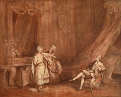 Antique Fine Early 1700's French Oil Elegant Figures Lady being Dressed Rococo Interior