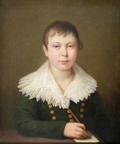 Antique Fine 1800's Portrait of Young Aristocratic Boy with Letter & Pen Oil on Canvas