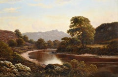 Large Victorian Oil Painting on Canvas Tranquil River Landscape Wye at Monmouth