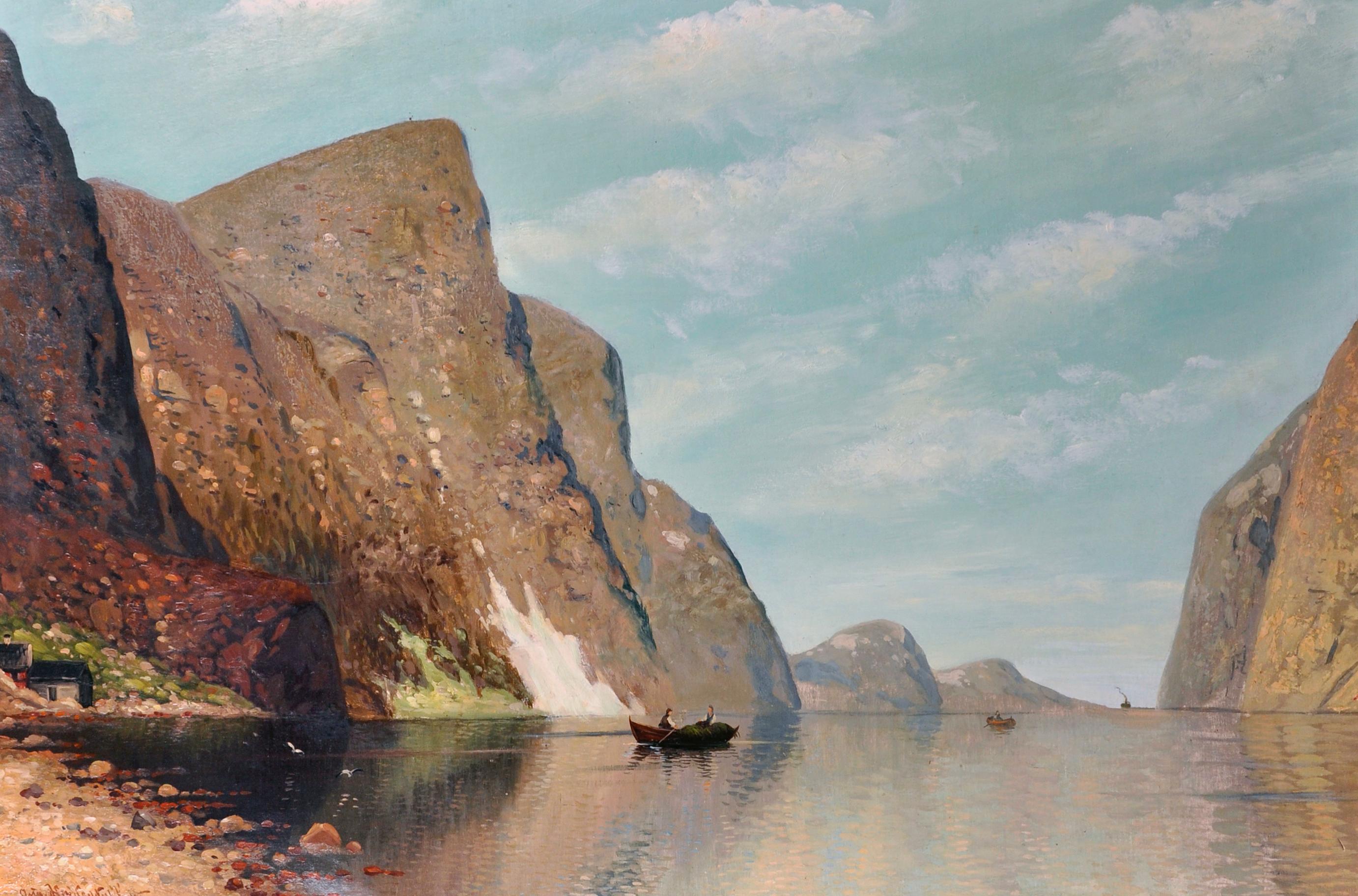 Ludwig August Heydendahl  Figurative Painting - Huge Antique German Oil Painting Fjord Scene Figures in Boat - Beautiful work