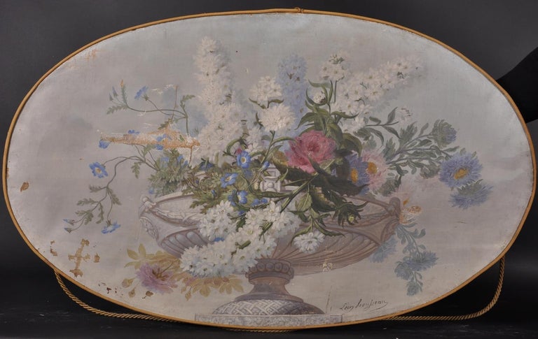 Leon Rousseau  Interior Painting - Large 19th Century Classical Flowers in Urn Fine French Oval Oil Painting