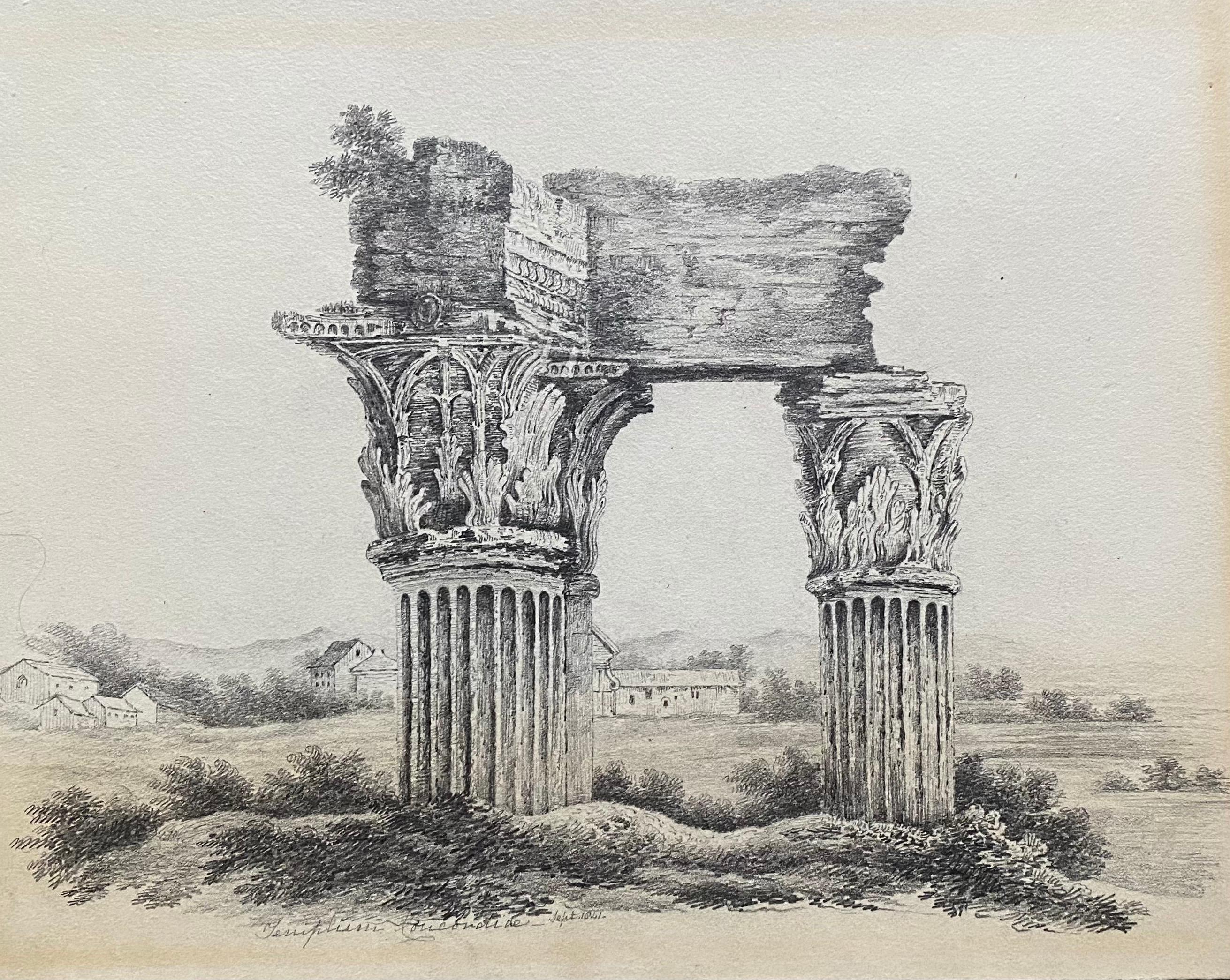 Unknown Landscape Painting - Fine 1840's Grand Tour Drawing Ancient Italian Ruins Roman Columns Landscape