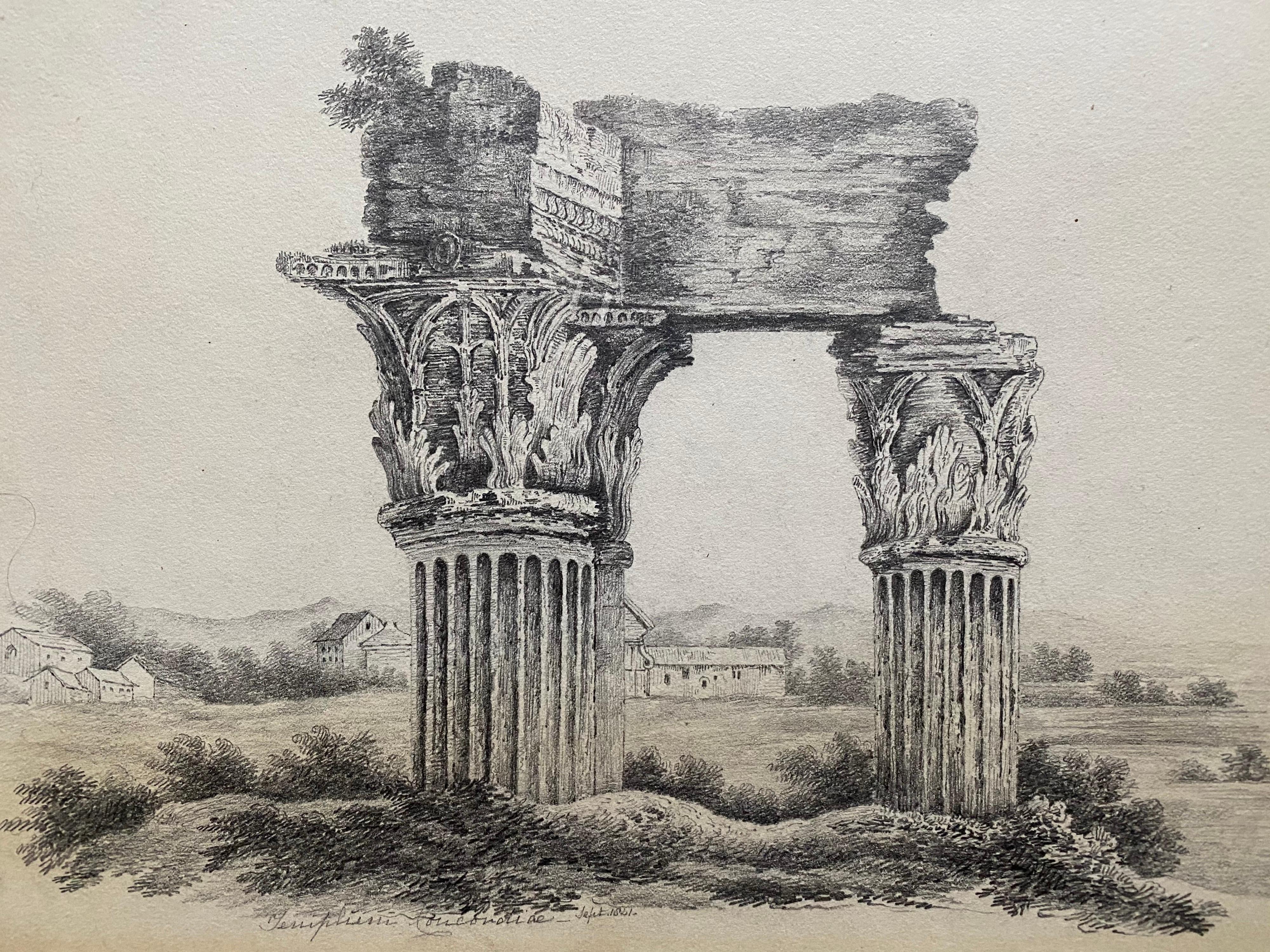 Fine 1840's Grand Tour Drawing Ancient Italian Ruins Roman Columns Landscape - Painting by Unknown