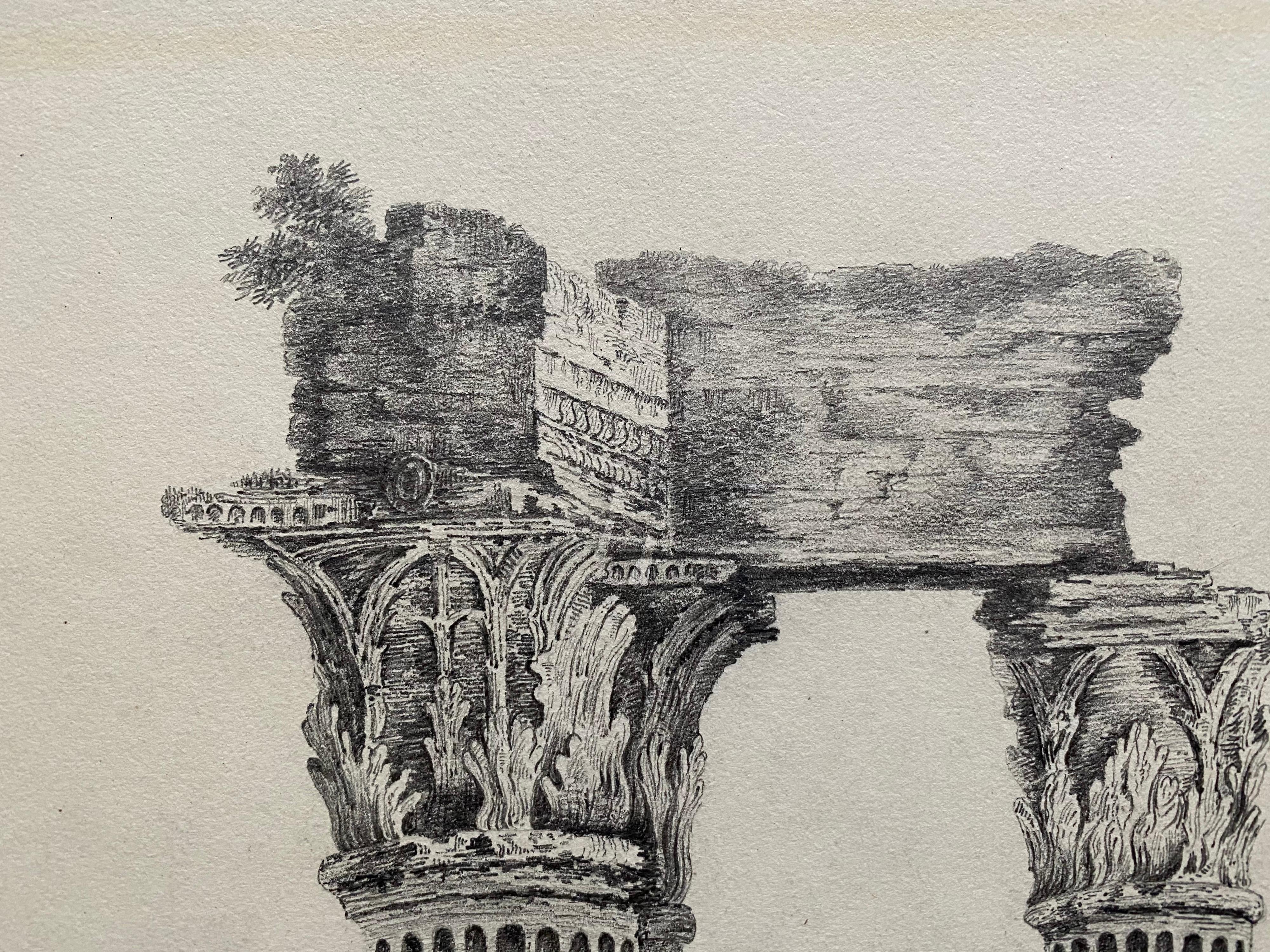 Fine 1840's Grand Tour Drawing Ancient Italian Ruins Roman Columns Landscape - Old Masters Painting by Unknown