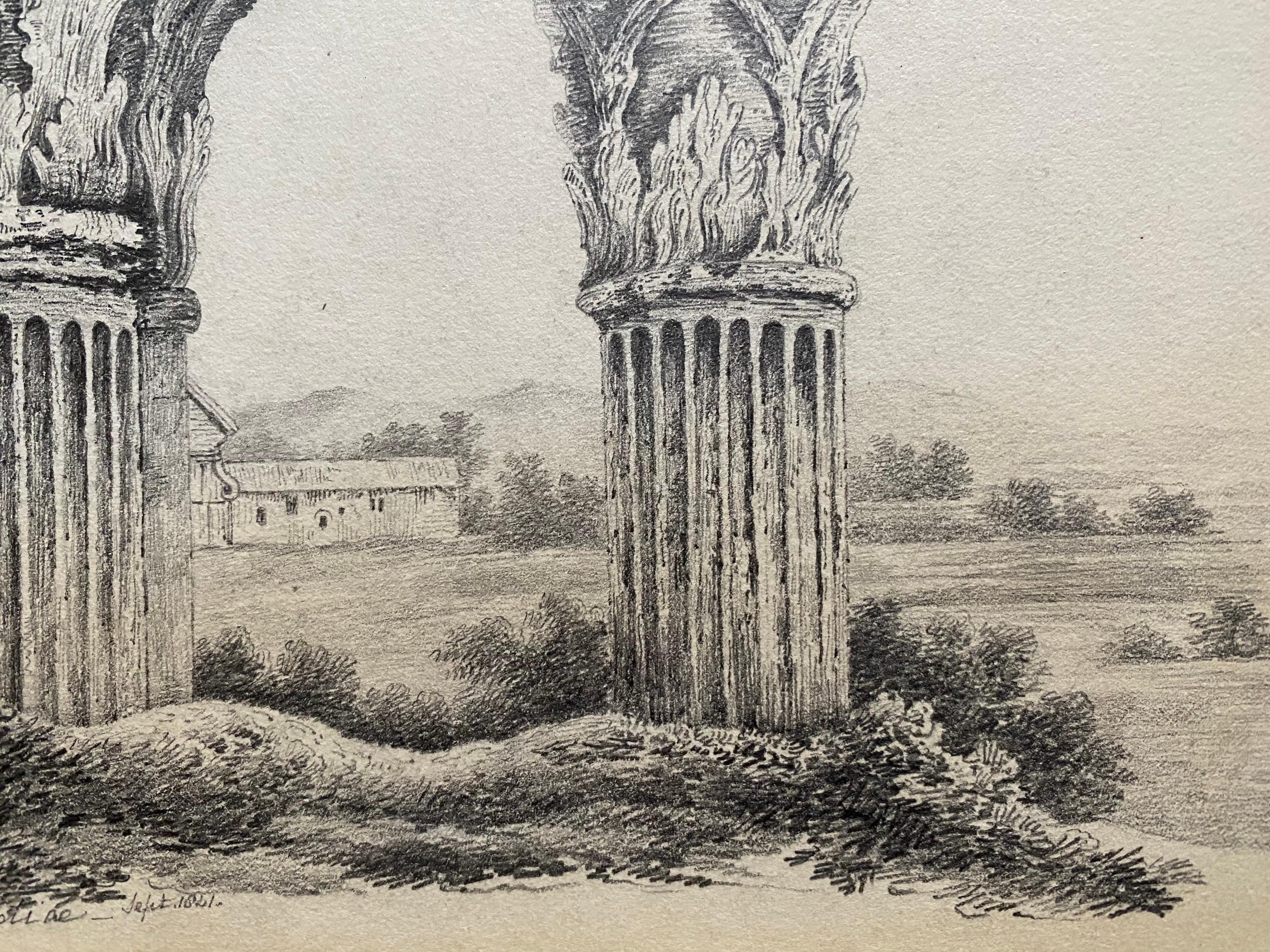 Fine 1840's Grand Tour Drawing Ancient Italian Ruins Roman Columns Landscape - Gray Landscape Painting by Unknown
