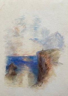 Sunrise over Cliffs, 19th Century Victorian Watercolour Painting