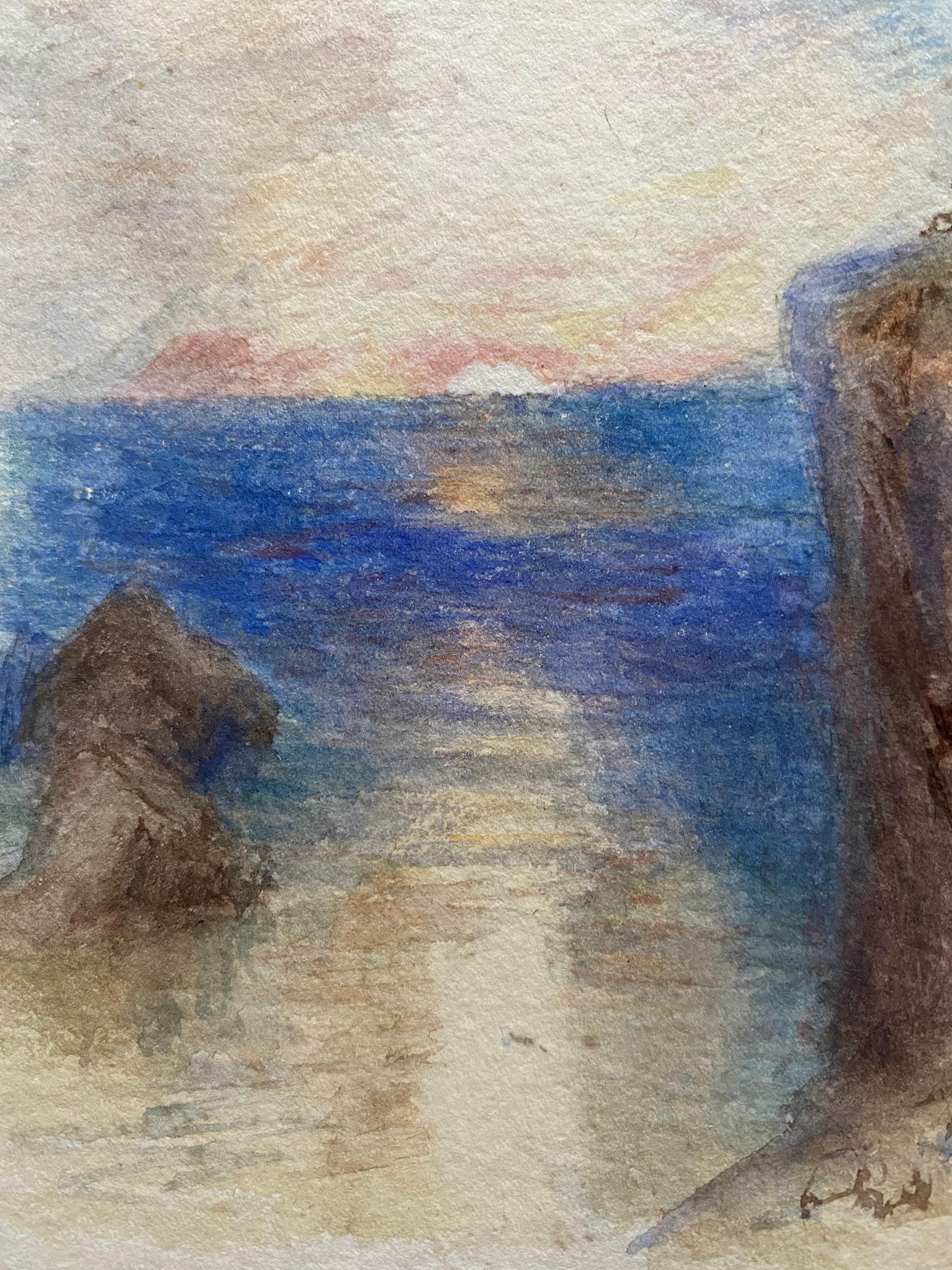 Title: Sunrise over Cliffs

Artist/ School: English school, 19th century, after JMW Turner

Medium: watercolour on card.

Size: 10 x 7 inches

Provenance: from a private European collection

Condition report:
The painting is very much in tact and in