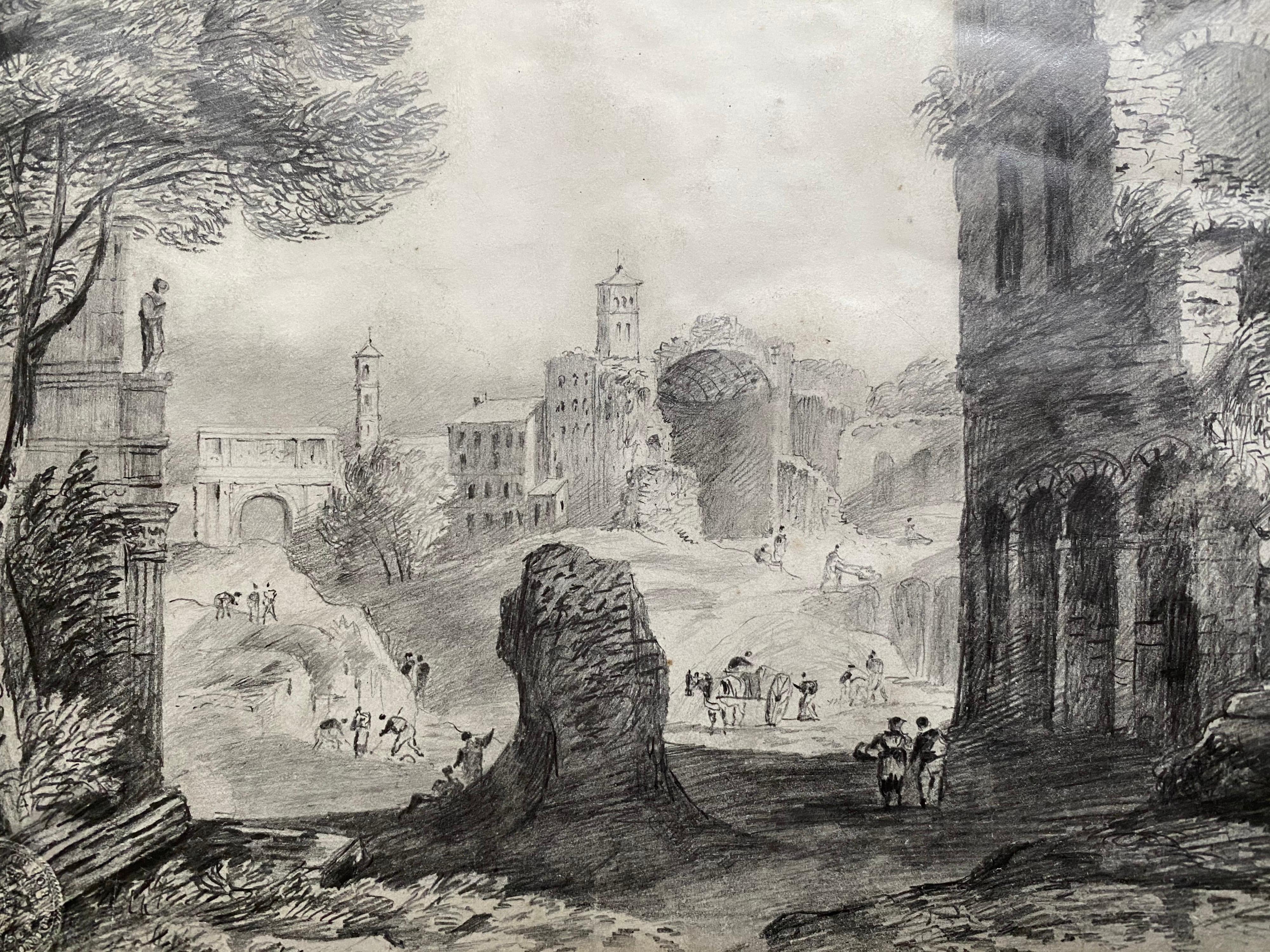 18th C Italian Classical Grand Tour Ancient City Old Ruins & Figures - Painting by Unknown