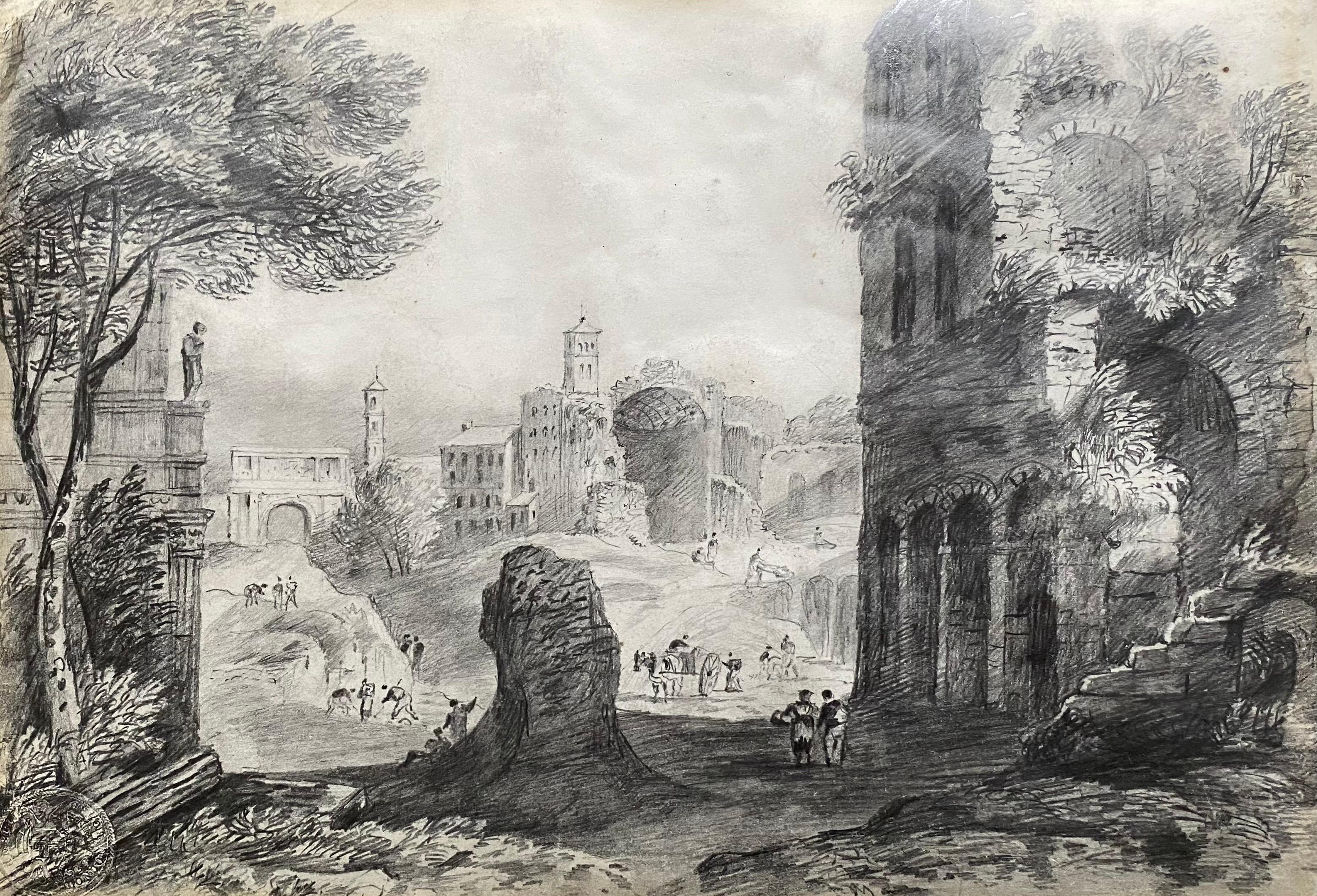 18th C Italian Classical Grand Tour Ancient City Old Ruins & Figures