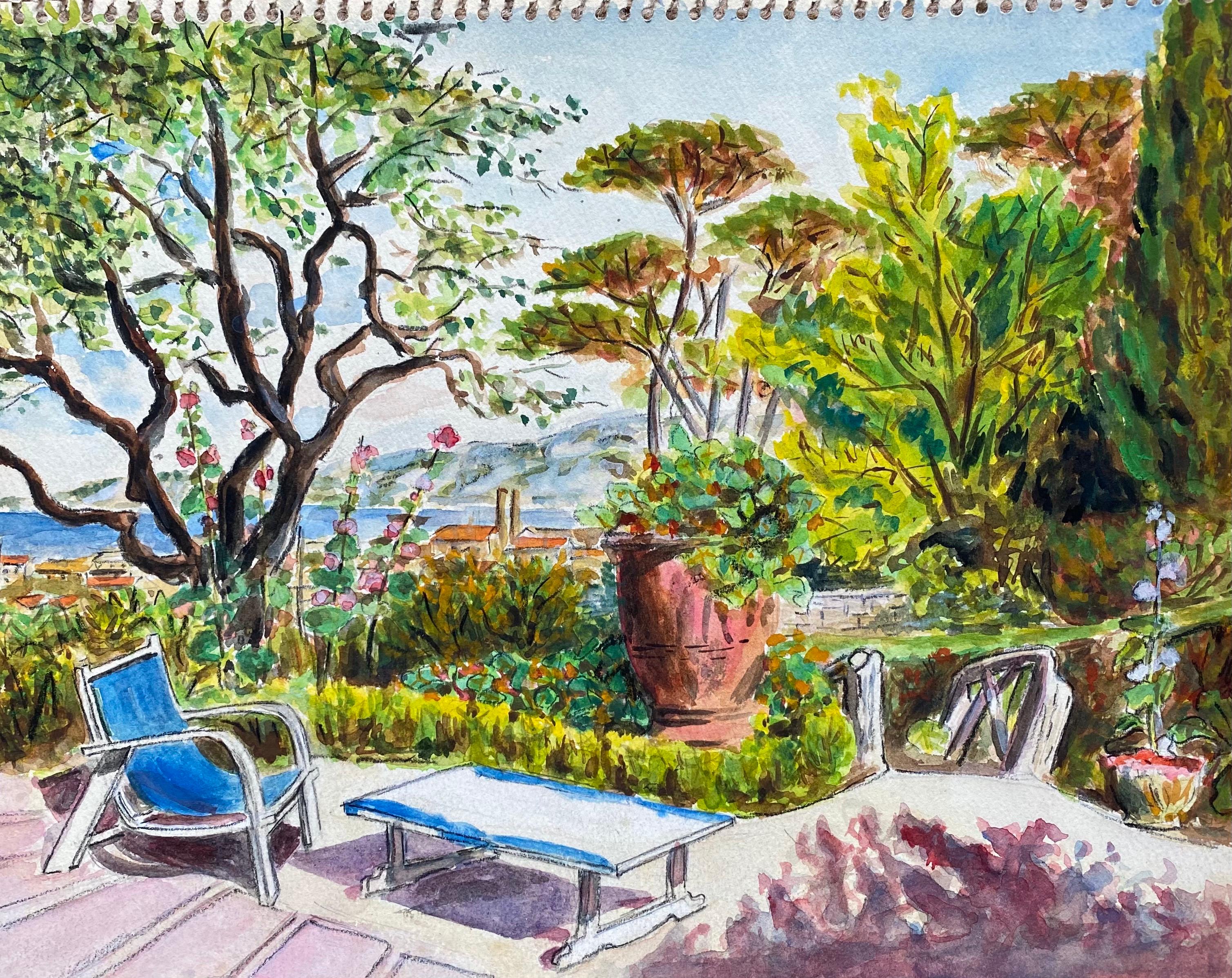 Mid 20th Century French Modernist Painting - Summer Garden Cote d'Azur Terrace - Brown Landscape Painting by Unknown