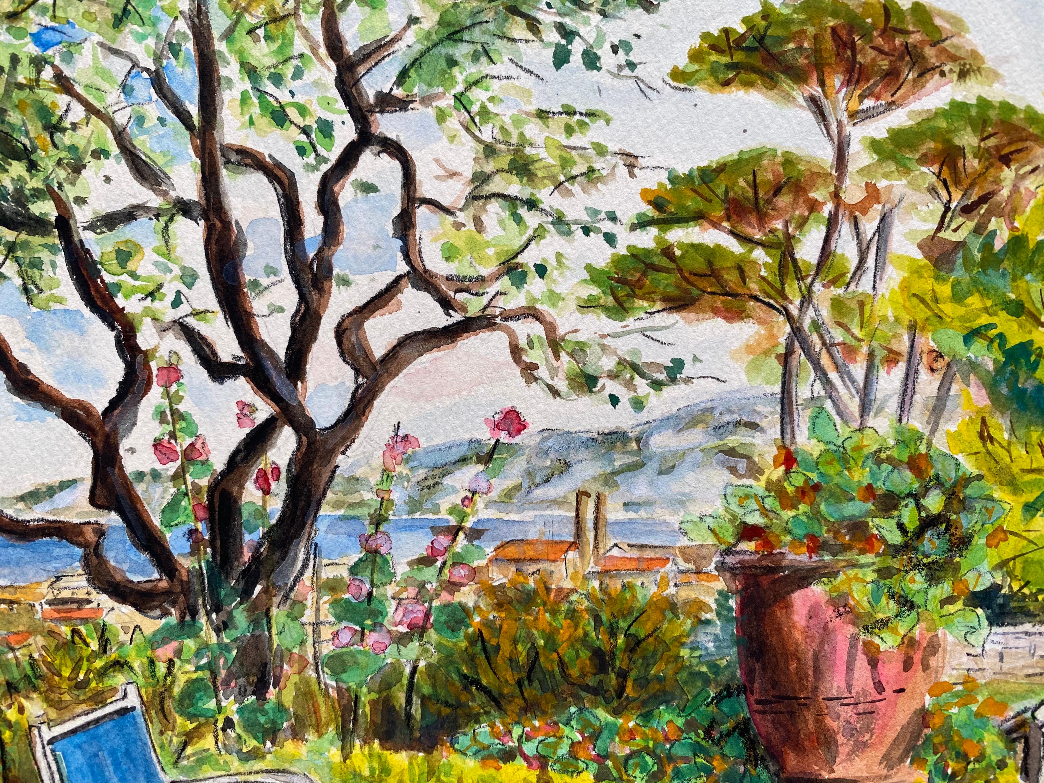 
Artist/ School: French School, mid 20th century

Title: Dans la Jardin, French summer garden scene overlooking the Cote d'Azur coastline. 

Medium: watercolour on artists paper

Size: painting: 8.25 x 10.5 inches
        
Provenance: private